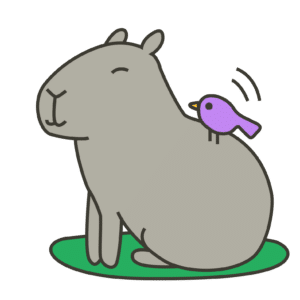 spokojená kapybara s fialovým ptáčkem na zádech
