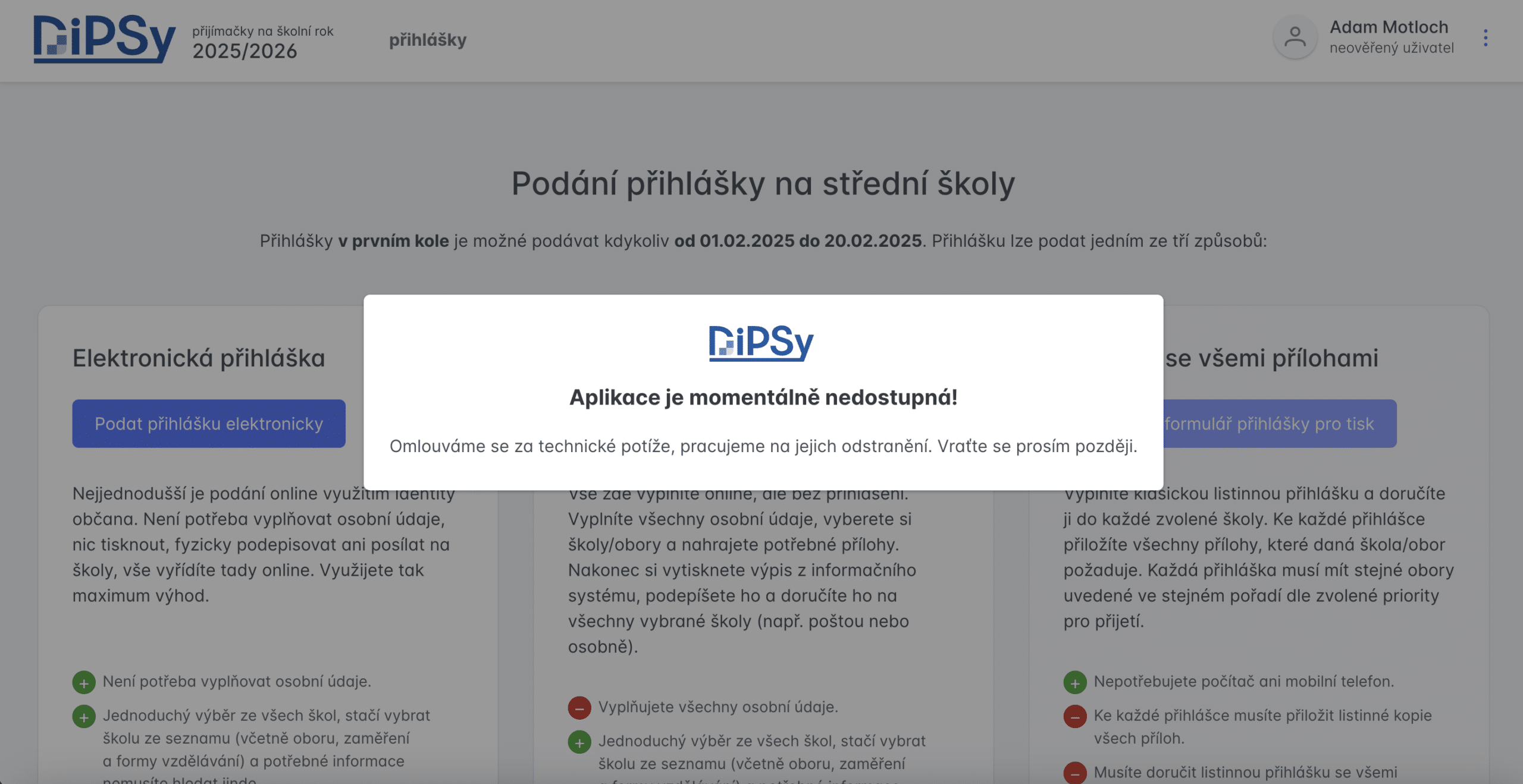 DIPSY aplikace je momentálně nedostupná